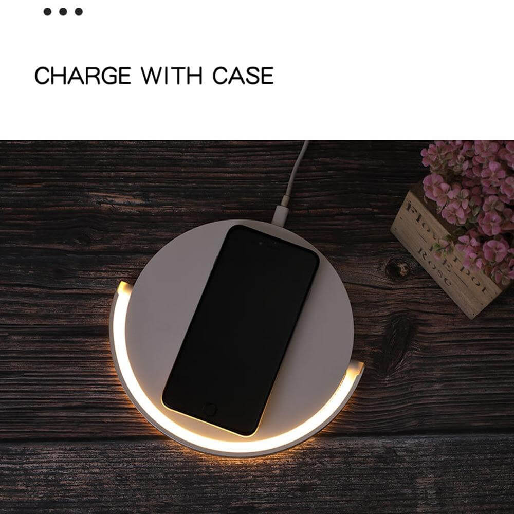 Wireless Charger Lamp 10W | Touch-Dimmable LED Night Light &amp; Phone Stand | Wood Grain or White, No-Flicker Design