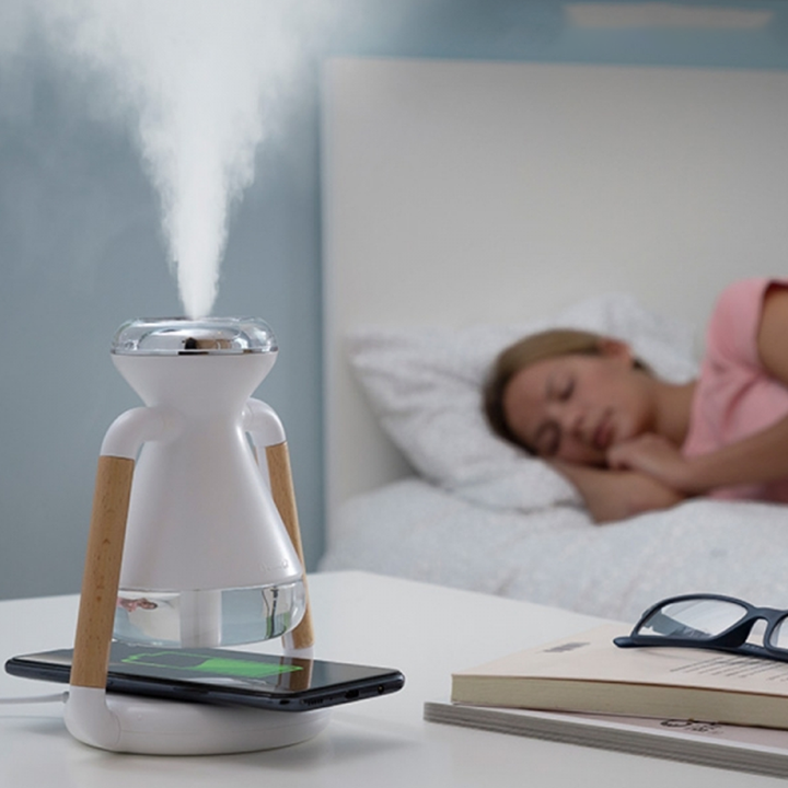 Wireless Charging Fog Humidifier | 230ml Tank with 4-Hour Mist Output | Built-In Phone Charging Base &amp; 180° Rotation