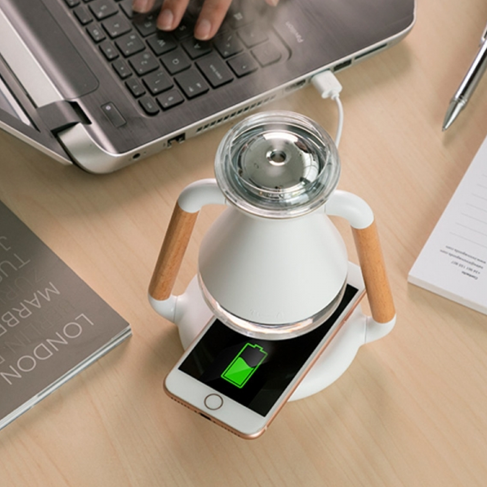 Wireless Charging Fog Humidifier | 230ml Tank with 4-Hour Mist Output | Built-In Phone Charging Base &amp; 180° Rotation