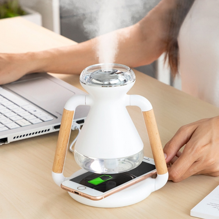 Wireless Charging Fog Humidifier | 230ml Tank with 4-Hour Mist Output | Built-In Phone Charging Base &amp; 180° Rotation
