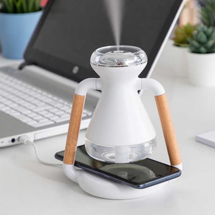 Wireless Charging Fog Humidifier | 230ml Tank with 4-Hour Mist Output | Built-In Phone Charging Base &amp; 180° Rotation