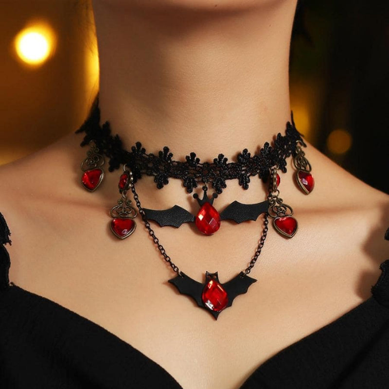 Women's Gothic Pendant Necklace | Bat & Ruby Heart Design