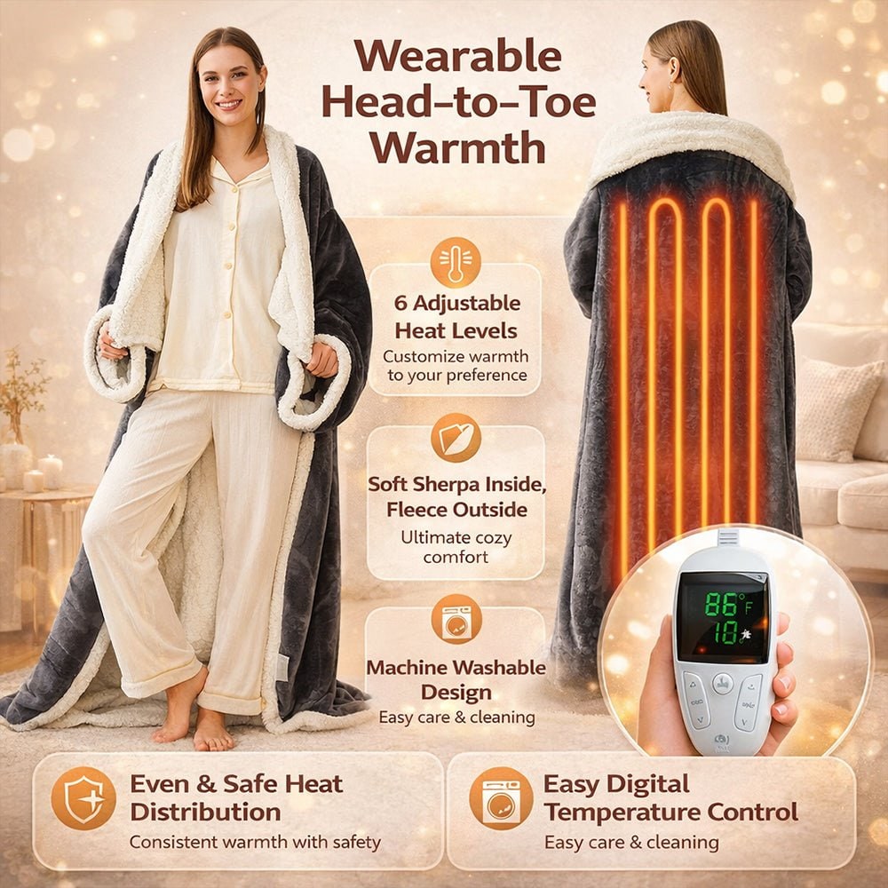 Women's Heated Wearable Blanket with Sleeves & Foot Pocket | Sherpa Fleece, Grey/White | 6 Heat Levels, Digital Control