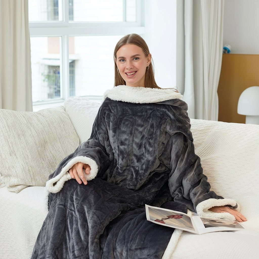 Women's Heated Wearable Blanket with Sleeves & Foot Pocket | Sherpa Fleece, Grey/White | 6 Heat Levels, Digital Control