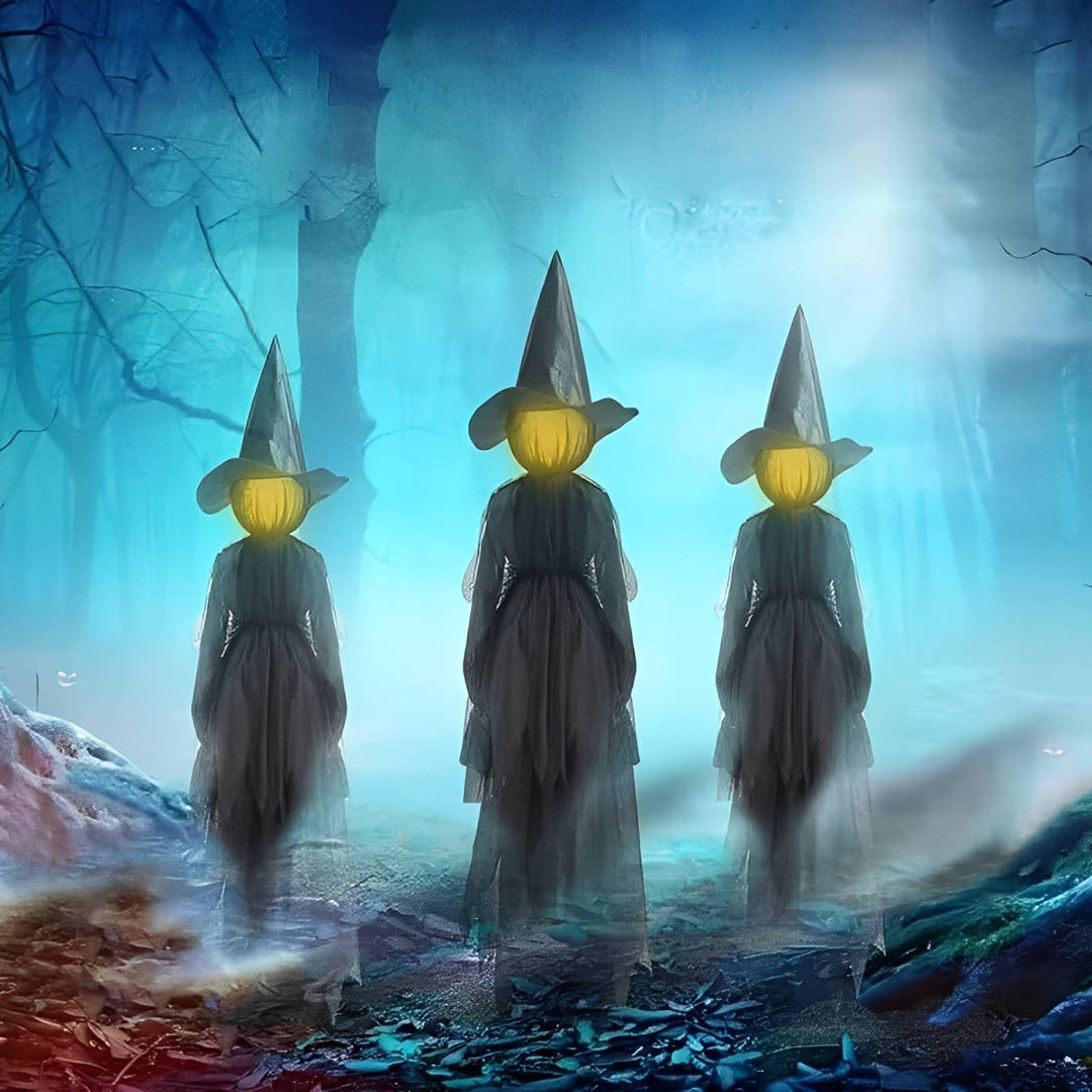 Women's Sound Activated Witch Decorations Halloween | Set of 3 Hand Holding Witches | Waterproof Flickering Glowing Heads
