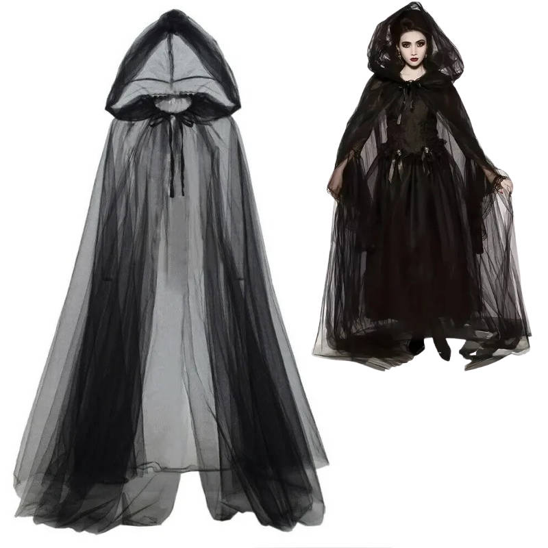 Women's Witch Cape Costume Halloween | Hooded Tulle Cloak Layered Design | Lightweight Machine Washable Fabric