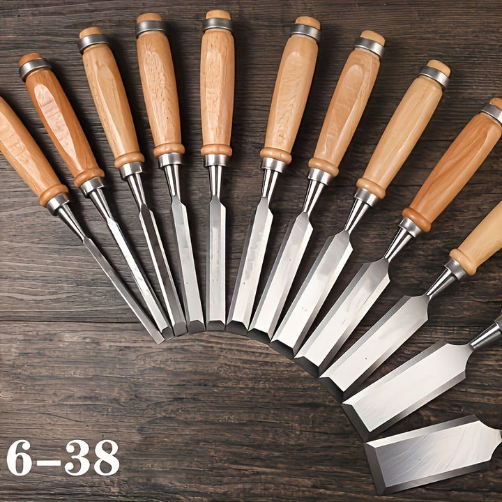Wood Chisel Set Chromium-Vanadium Steel | 12-Piece Beech Wood Handles | Precision Woodworking Tool Set for Clean Controlled Cuts