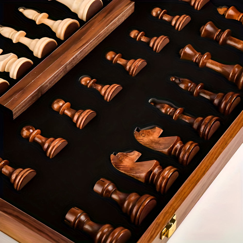 Wooden Chess Set with Storage Case | Classic Board Game with 32 Pieces and 2 Extra Queens | Smooth Finish for Family Play