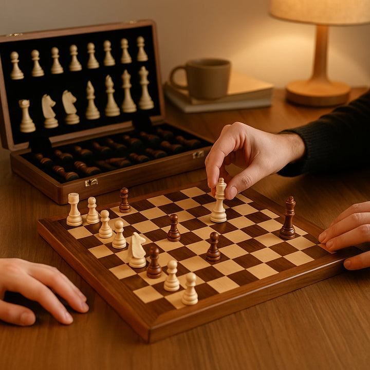 Wooden Chess Set with Storage Case | Classic Board Game with 32 Pieces and 2 Extra Queens | Smooth Finish for Family Play
