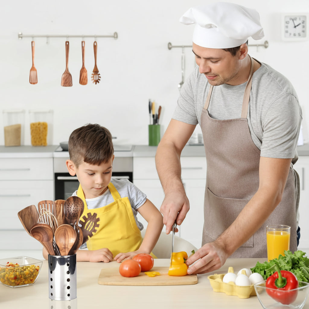 Wooden Cooking Utensils Set | 7 Piece Non Scratch Kitchen Tool Set | Heat Resistant Comfort Grip for Non Stick Cookware