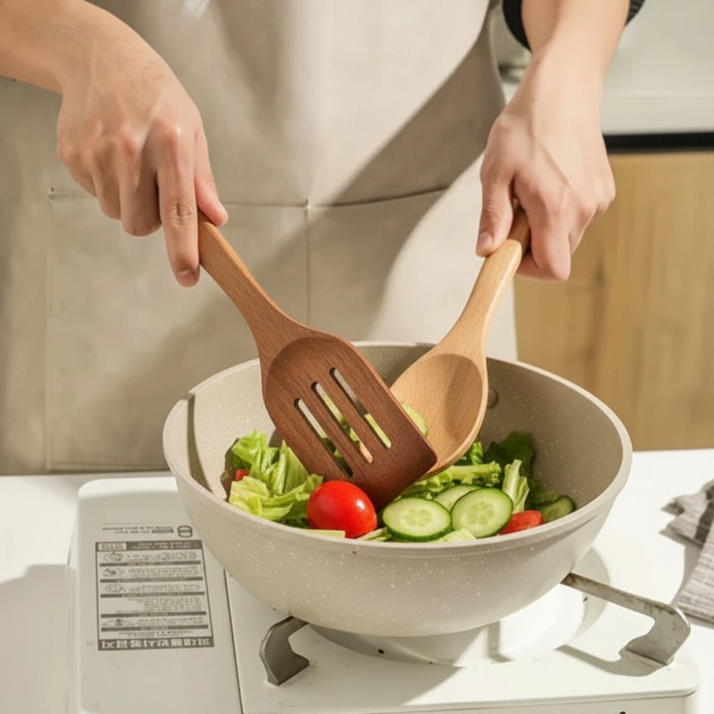 Wooden Cooking Utensils Set | 7 Piece Non Scratch Kitchen Tool Set | Heat Resistant Comfort Grip for Non Stick Cookware
