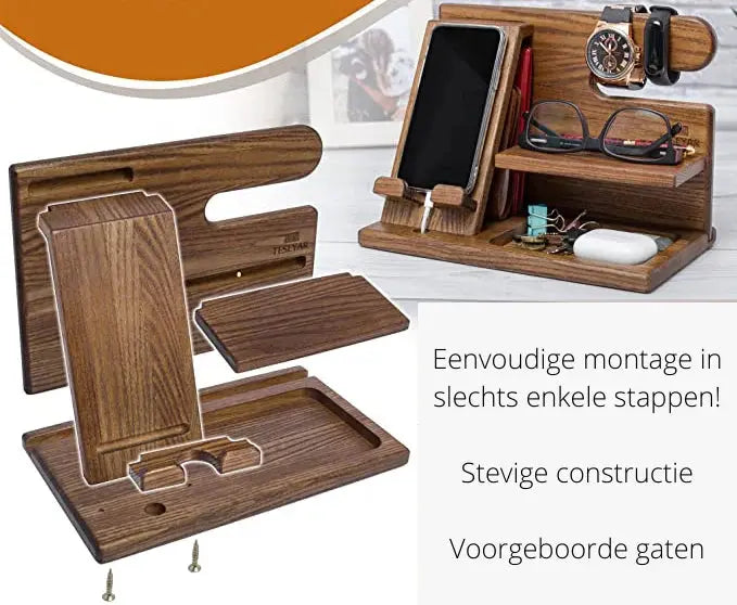 Wooden Desk Organizer Holder | Phone Stand &amp; Valet Tray