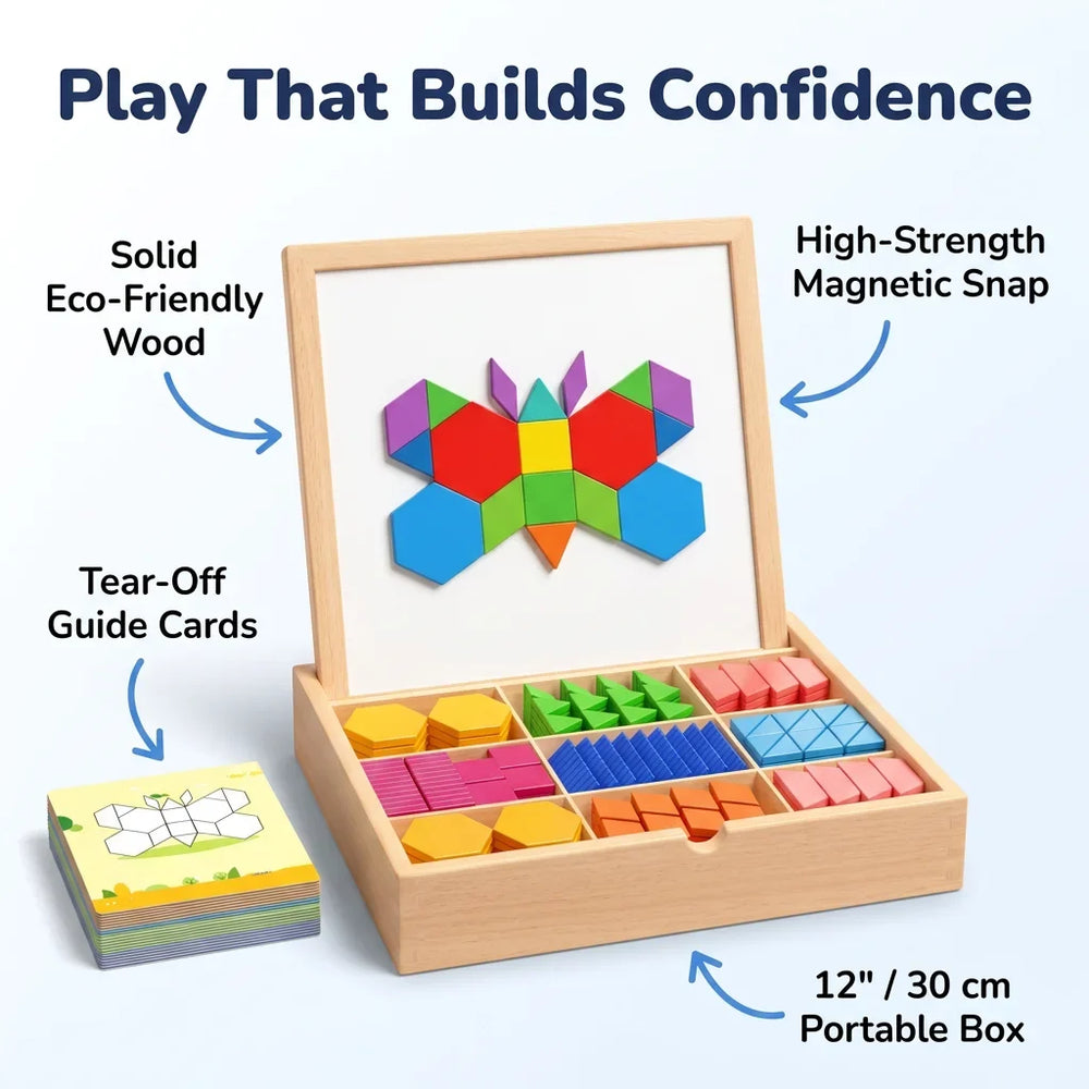 Wooden Magnetic Building Blocks | Pattern Cards for Guided STEM Learning | Secure Magnetic Hold for Sturdy Builds