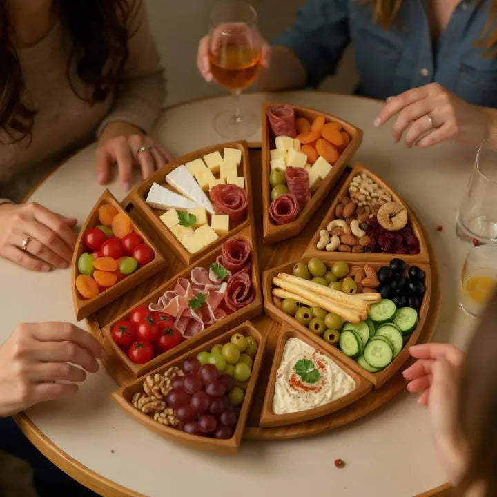 Wooden Serving Tray Set | Round Platter With Compartments