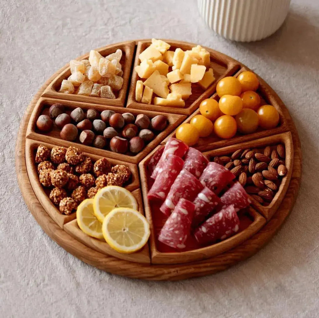 Wooden Serving Tray Set | Round Platter With Compartments