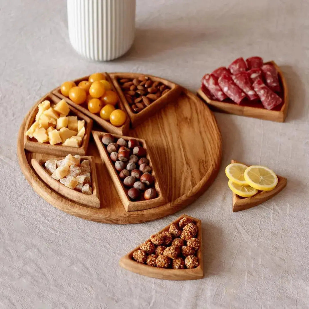 Wooden Serving Tray Set | Round Platter With Compartments