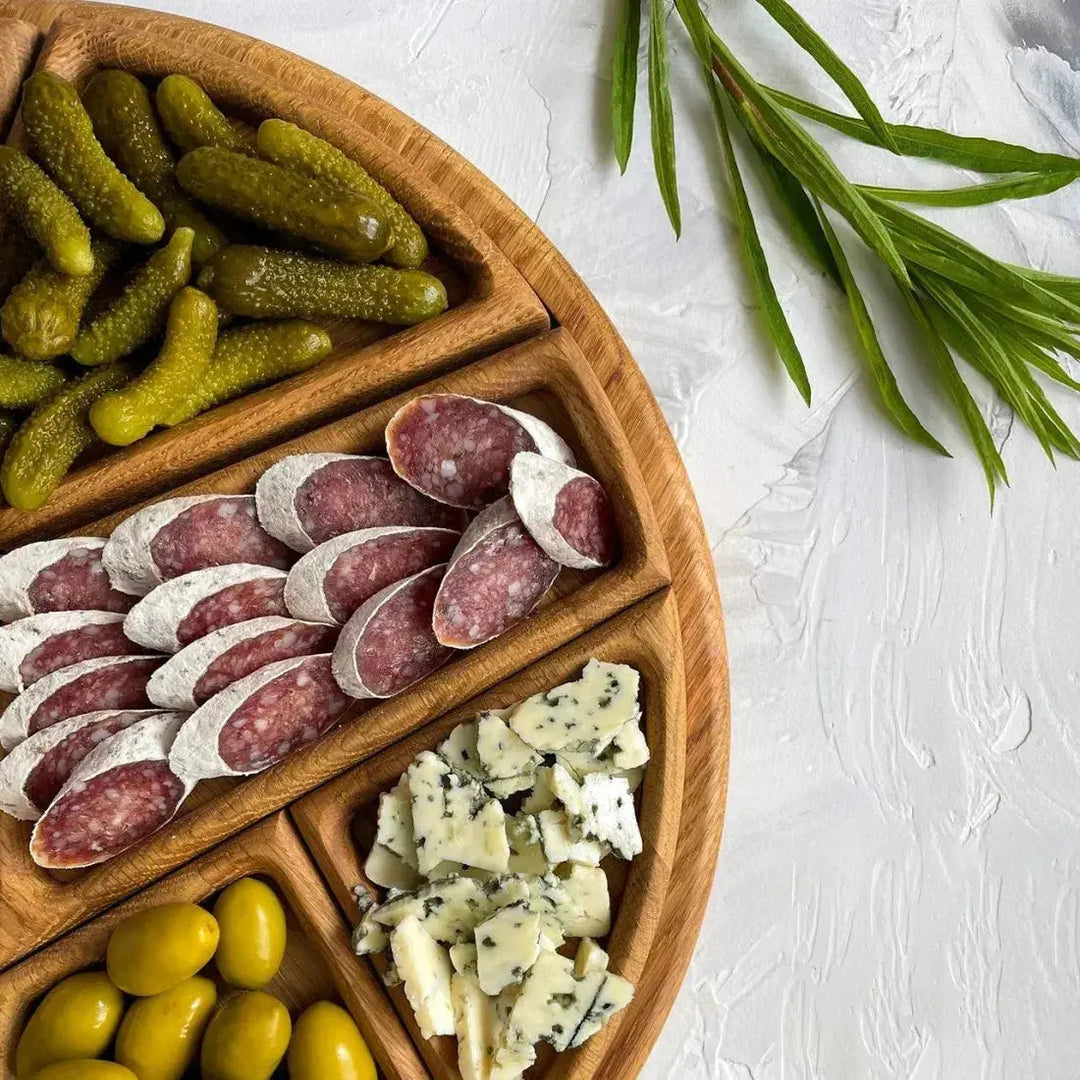 Wooden Serving Tray Set | Round Platter With Compartments
