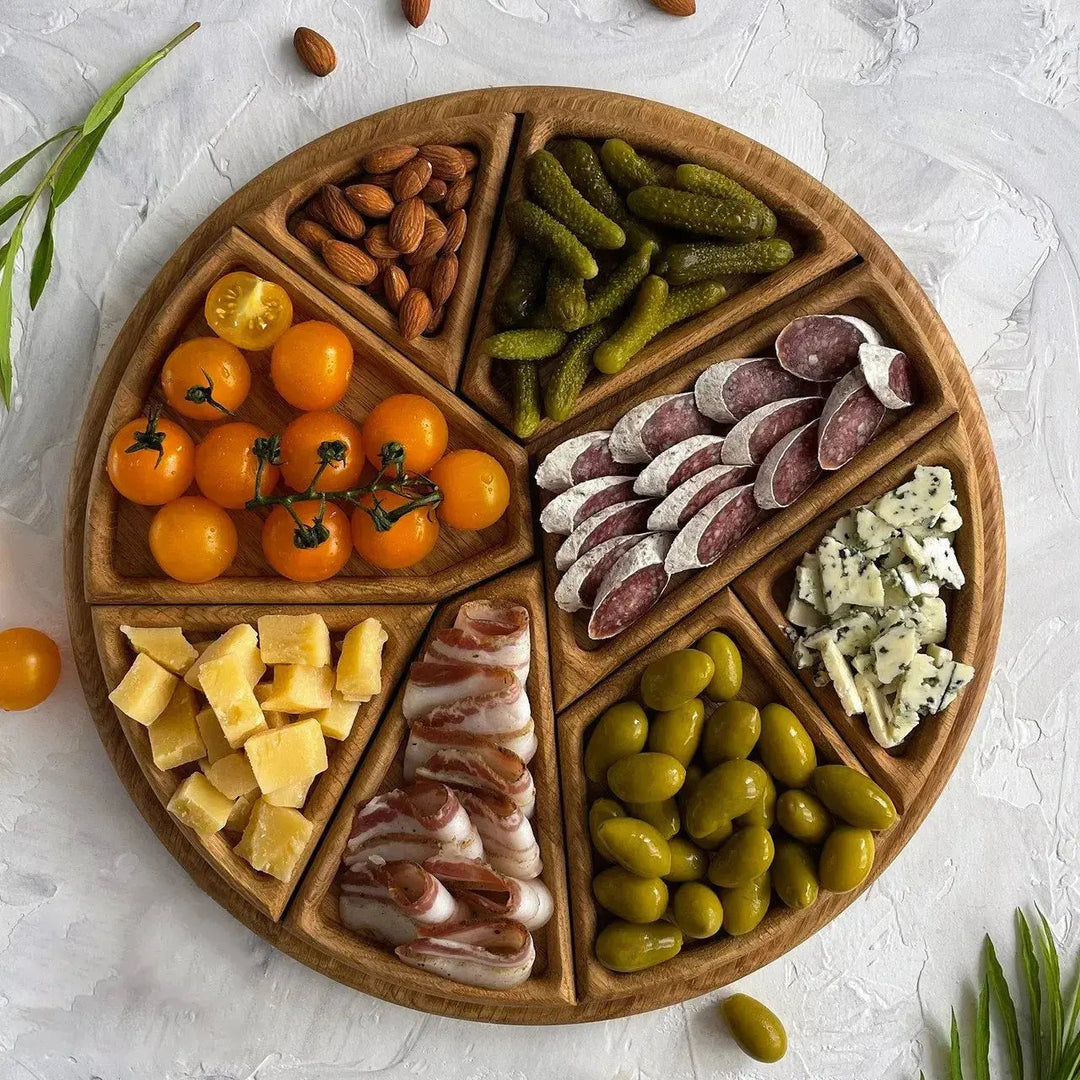 Wooden Serving Tray Set | Round Platter With Compartments