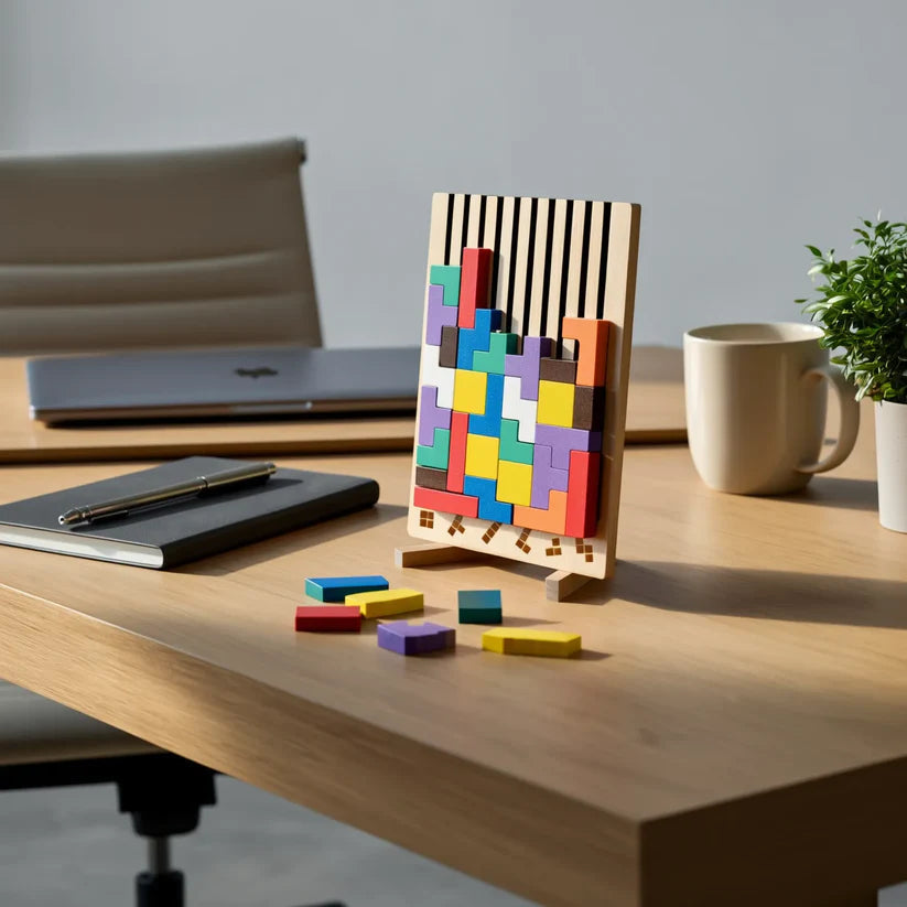 Wooden Tetris Puzzle Board | Colourful Brain Teaser Desk Game