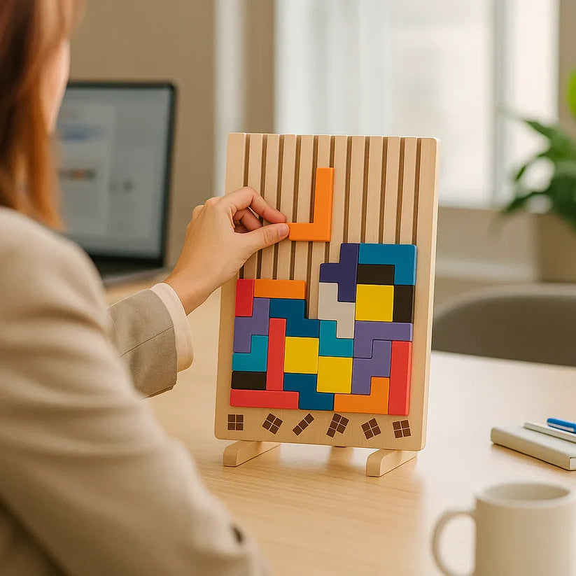 Wooden Tetris Puzzle Board | Colourful Brain Teaser Desk Game