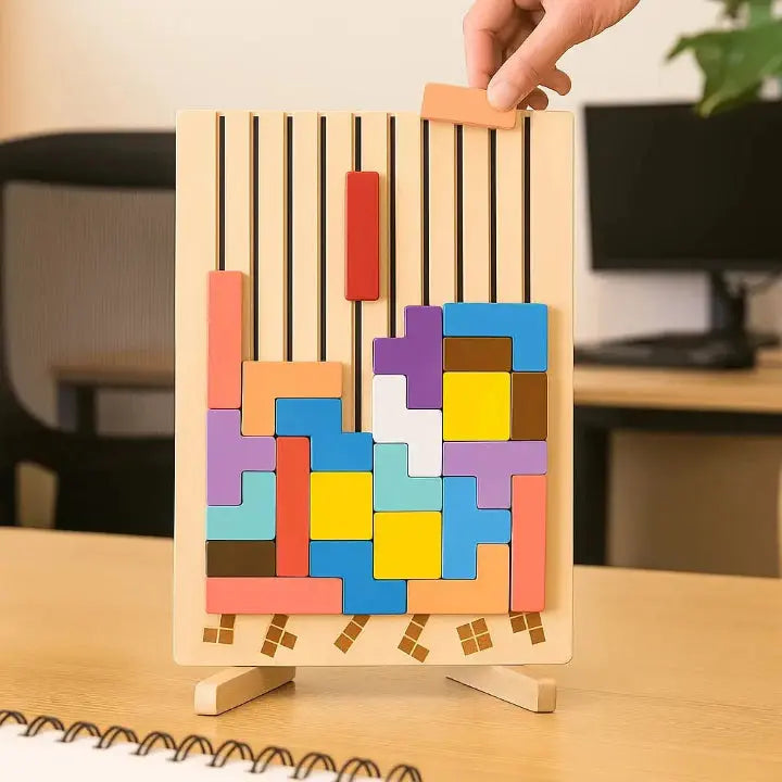 Wooden Tetris Puzzle Board | Colourful Brain Teaser Desk Game