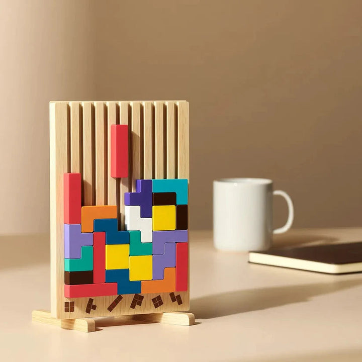 Wooden Tetris Puzzle Board | Colourful Brain Teaser Desk Game