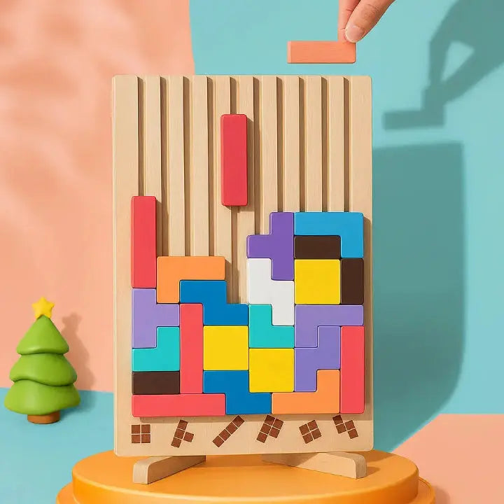 Wooden Tetris Puzzle Board | Colourful Brain Teaser Desk Game