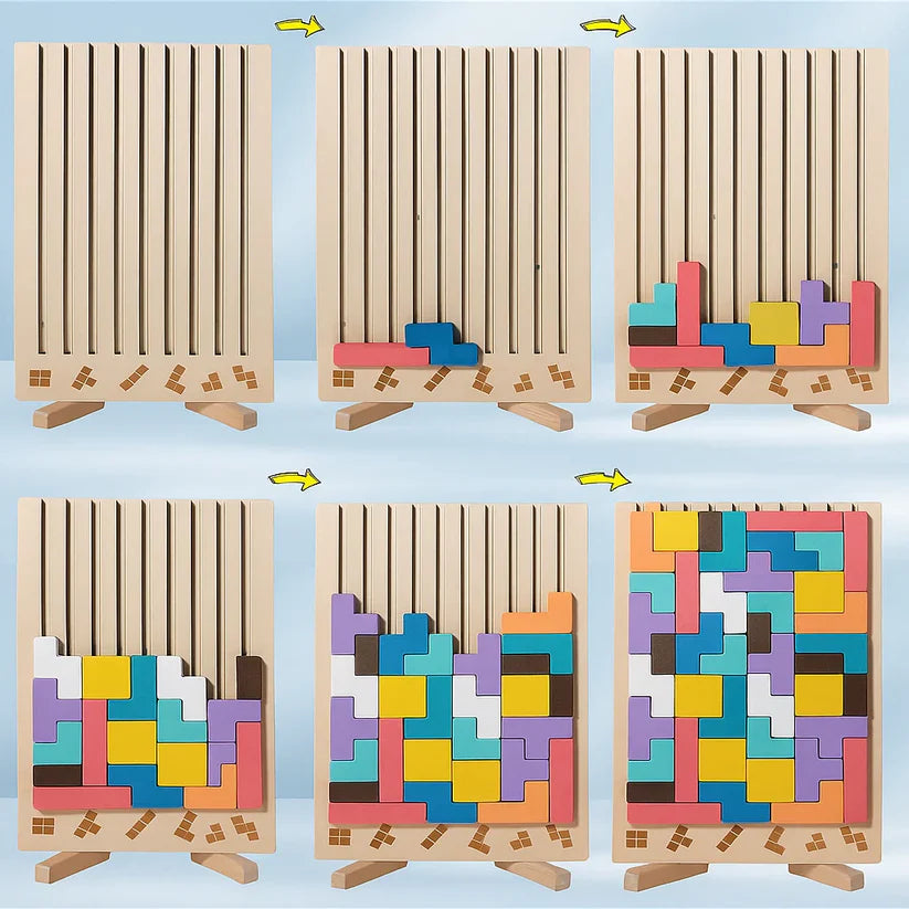 Wooden Tetris Puzzle Board | Colourful Brain Teaser Desk Game