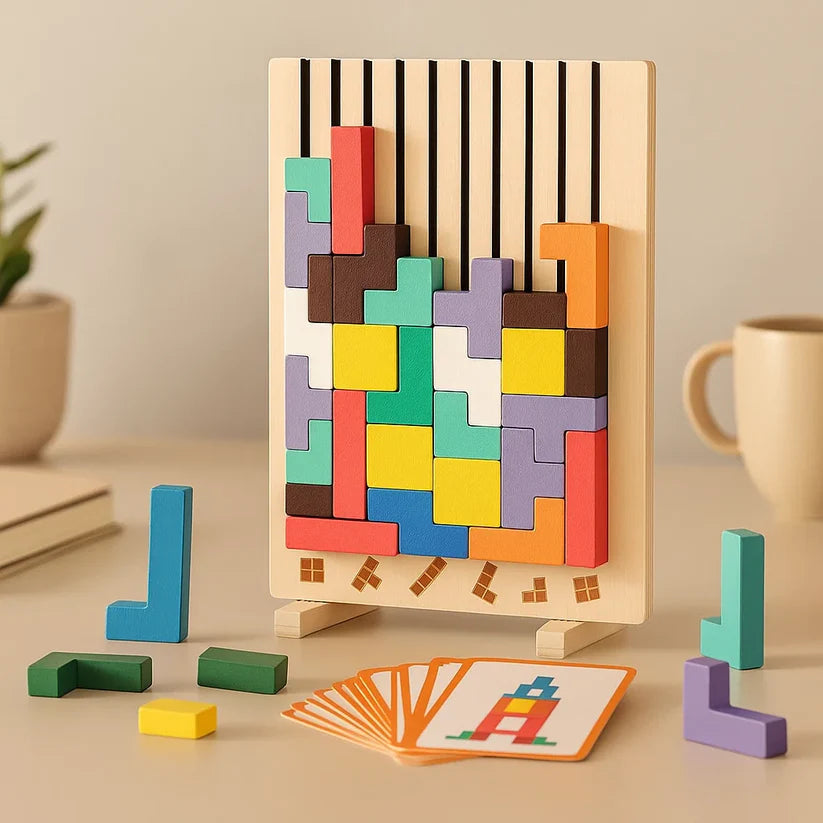 Wooden Tetris Puzzle Board | Colourful Brain Teaser Desk Game