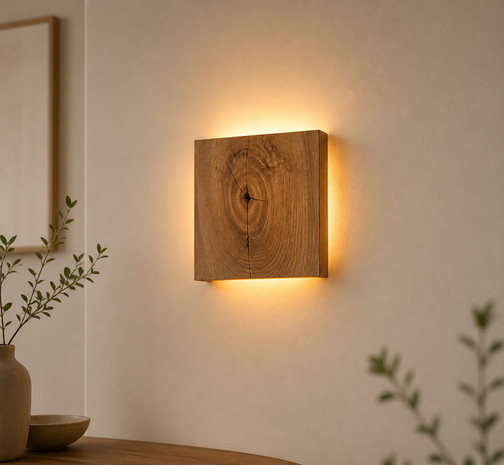 Wooden Wall Lamp Square Design | Indirect LED Light, Scandinavian Style | Warm Wood Grain Finish for Living Room, Bedroom, Hallway