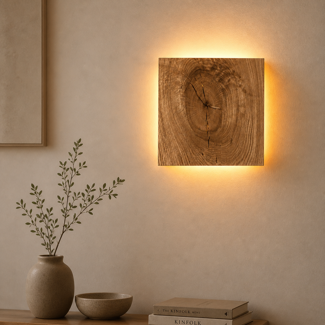 Wooden Wall Lamp Square Design | Indirect LED Light, Scandinavian Style | Warm Wood Grain Finish for Living Room, Bedroom, Hallway
