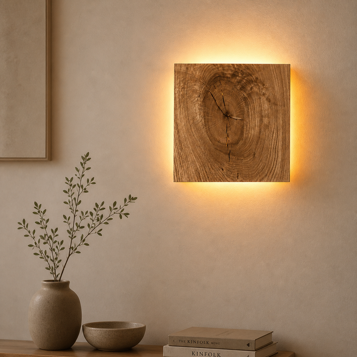 Wooden Wall Lamp Square Design | Indirect LED Light, Scandinavian Style | Warm Wood Grain Finish for Living Room, Bedroom, Hallway