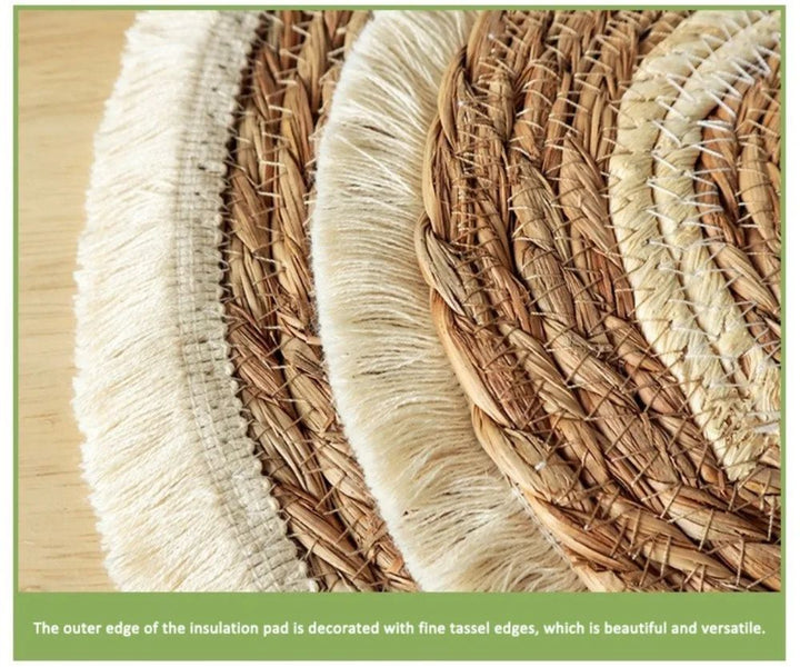 Woven Straw Placemat with Tassel Trim | Thick Handwoven Bohemian Design | Protects Table from Heat, Spills &amp; Stains