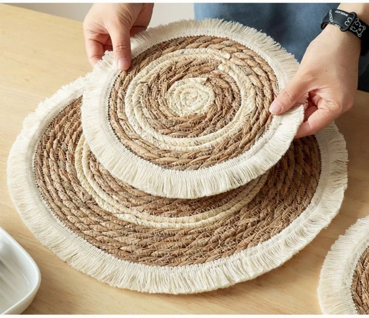 Woven Straw Placemat with Tassel Trim | Thick Handwoven Bohemian Design | Protects Table from Heat, Spills &amp; Stains