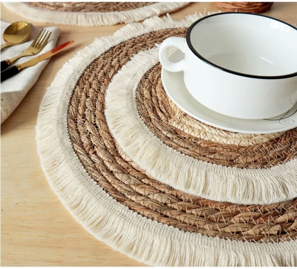 Woven Straw Placemat with Tassel Trim | Thick Handwoven Bohemian Design | Protects Table from Heat, Spills &amp; Stains