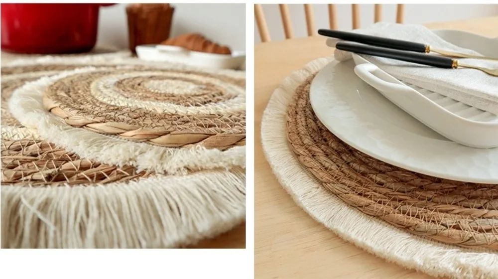 Woven Straw Placemat with Tassel Trim | Thick Handwoven Bohemian Design | Protects Table from Heat, Spills &amp; Stains