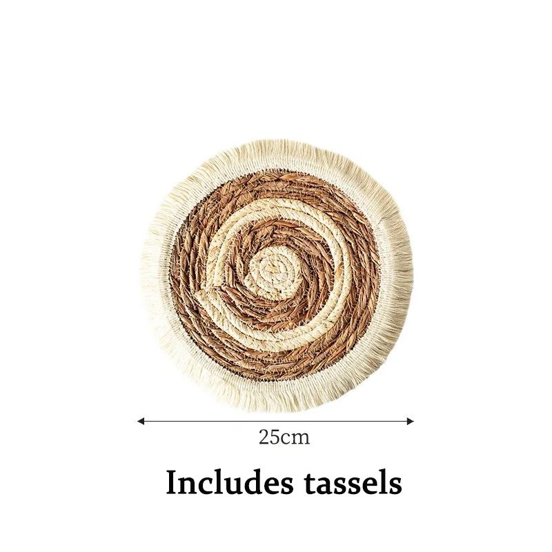Woven Straw Placemat with Tassel Trim | Thick Handwoven Bohemian Design | Protects Table from Heat, Spills &amp; Stains