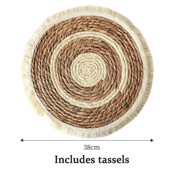 Woven Straw Placemat with Tassel Trim | Thick Handwoven Bohemian Design | Protects Table from Heat, Spills &amp; Stains