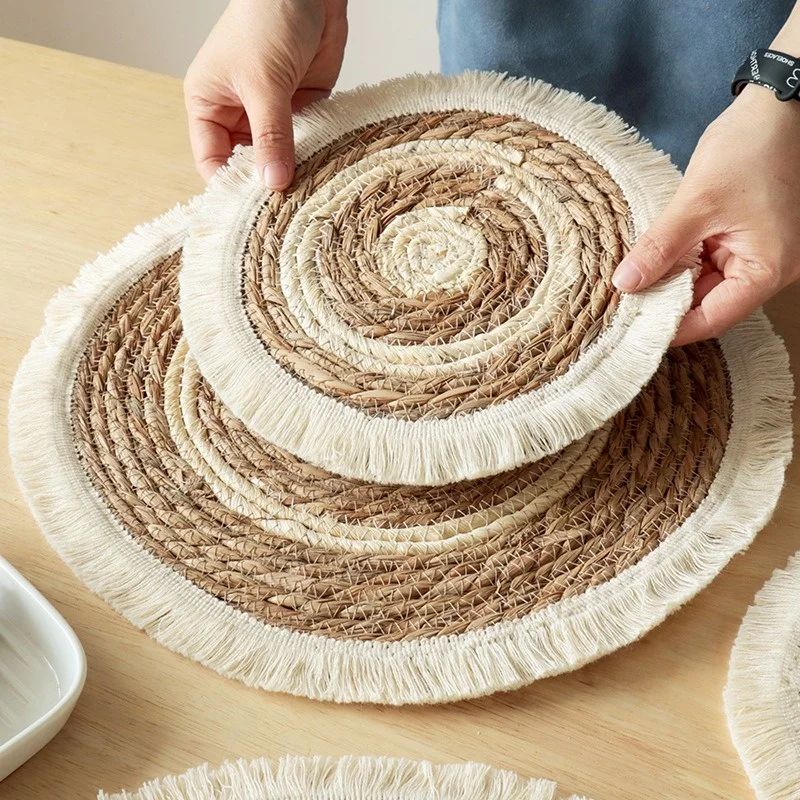 Woven Straw Placemat with Tassel Trim | Thick Handwoven Bohemian Design | Protects Table from Heat, Spills &amp; Stains