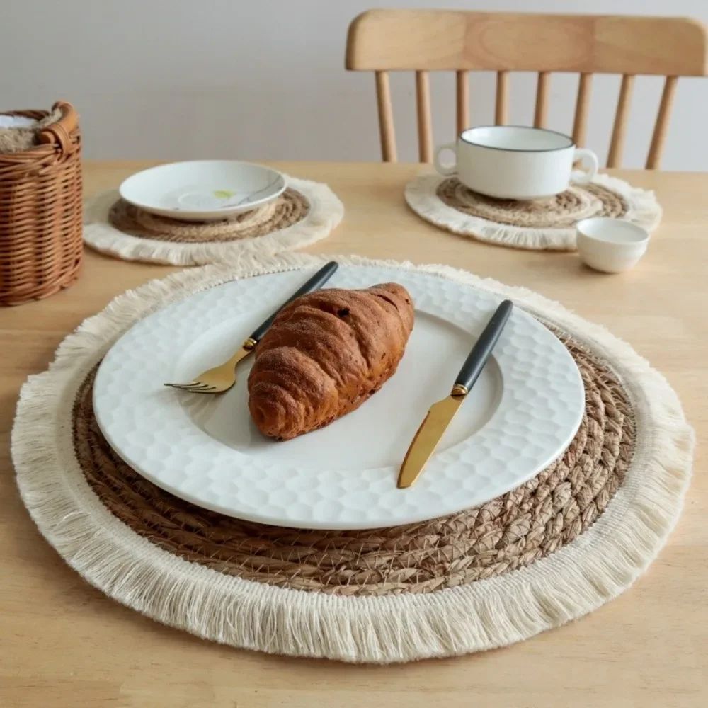 Woven Straw Placemat with Tassel Trim | Thick Handwoven Bohemian Design | Protects Table from Heat, Spills &amp; Stains