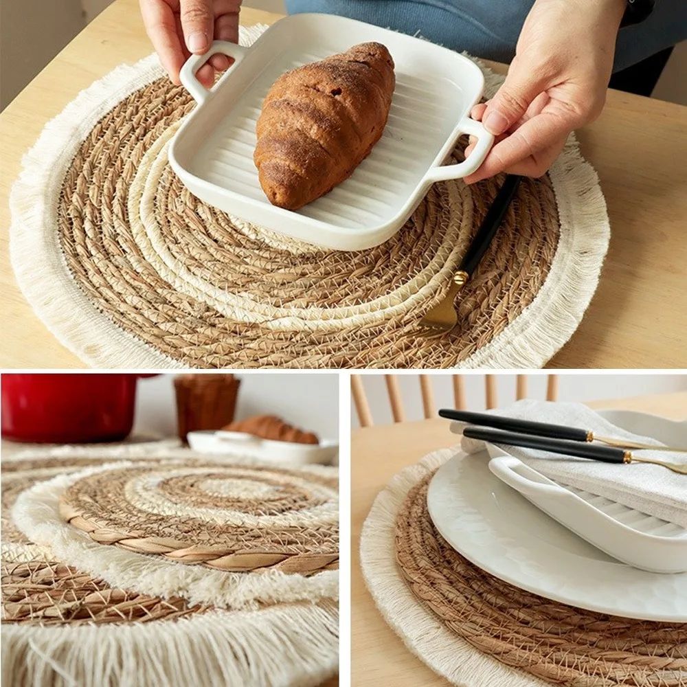 Woven Straw Placemat with Tassel Trim | Thick Handwoven Bohemian Design | Protects Table from Heat, Spills &amp; Stains