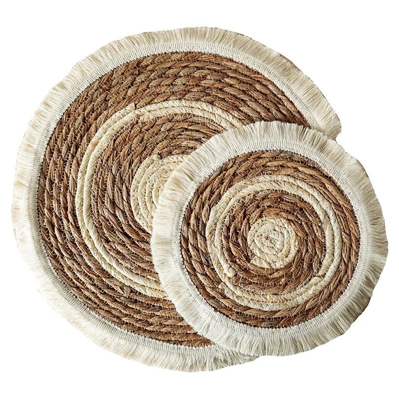 Woven Straw Placemat with Tassel Trim | Thick Handwoven Bohemian Design | Protects Table from Heat, Spills &amp; Stains