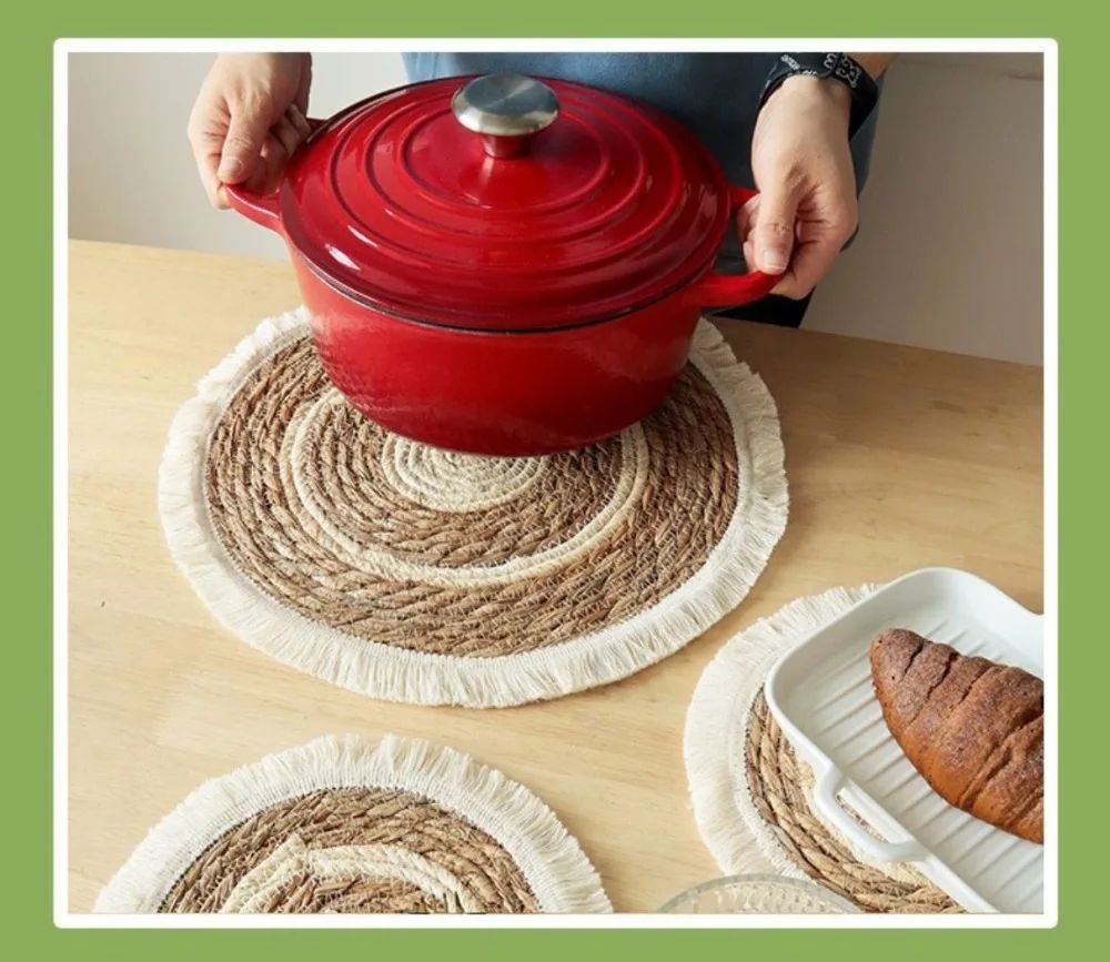 Woven Straw Placemat with Tassel Trim | Thick Handwoven Bohemian Design | Protects Table from Heat, Spills &amp; Stains