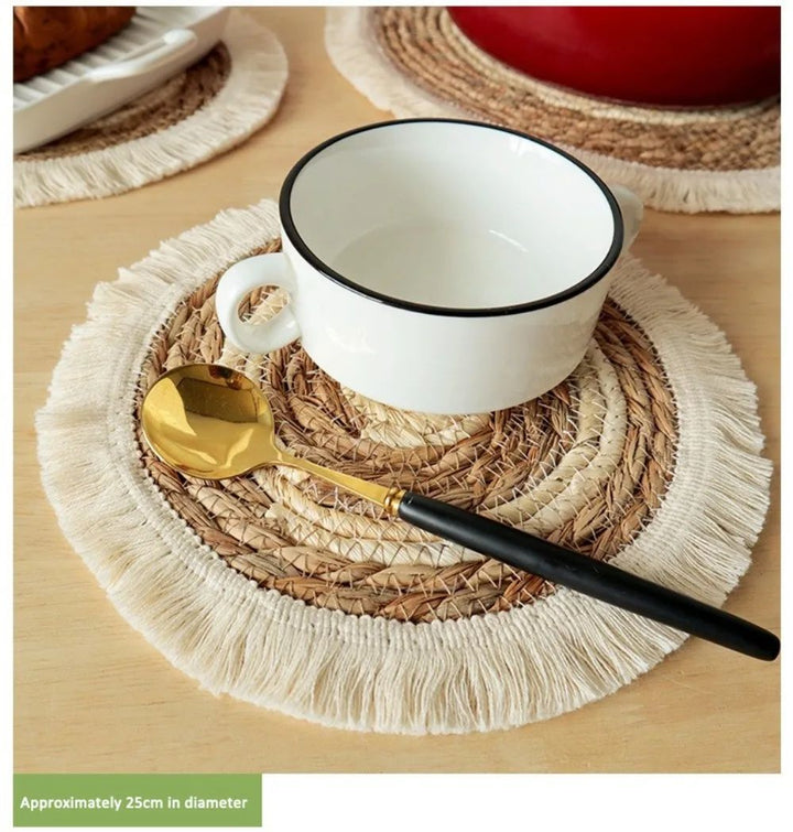 Woven Straw Placemat with Tassel Trim | Thick Handwoven Bohemian Design | Protects Table from Heat, Spills &amp; Stains