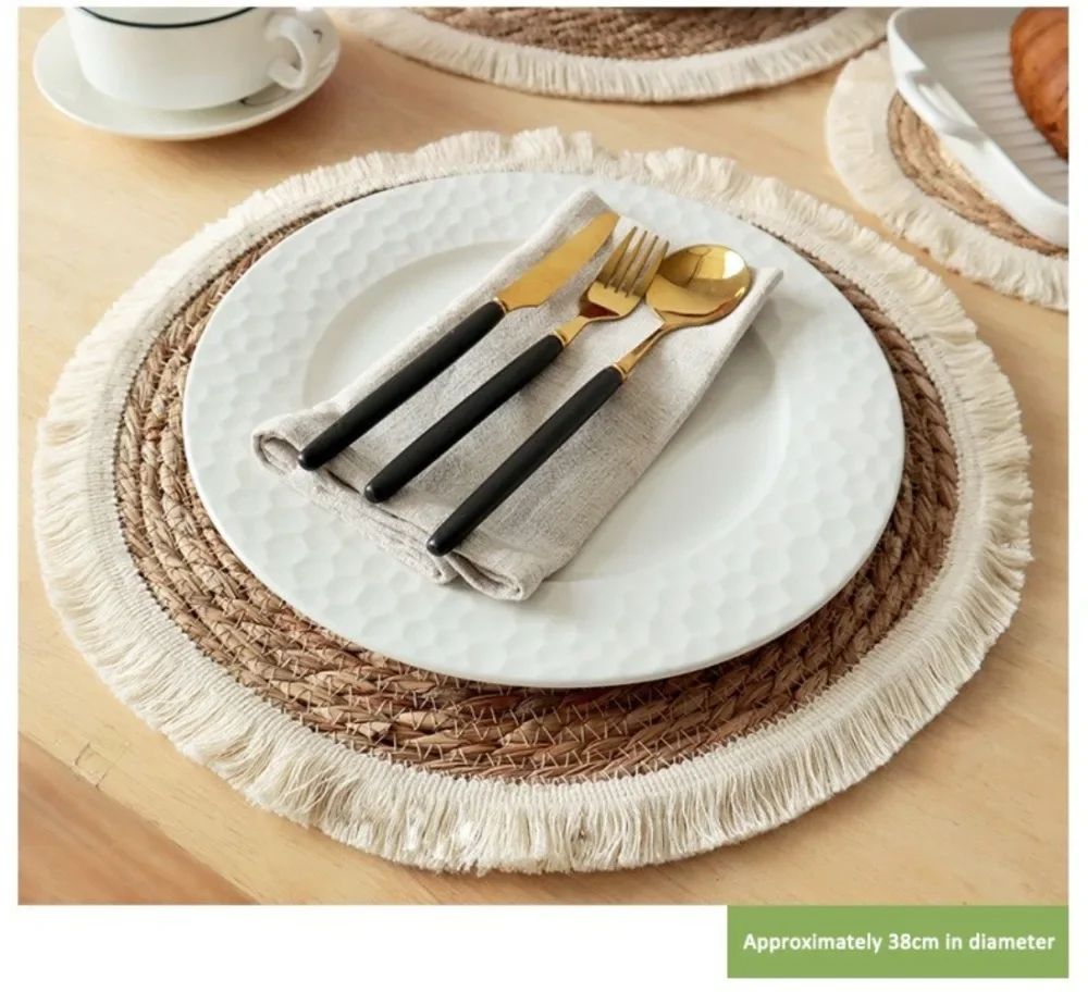 Woven Straw Placemat with Tassel Trim | Thick Handwoven Bohemian Design | Protects Table from Heat, Spills &amp; Stains