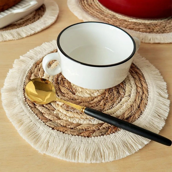 Woven Straw Placemat with Tassel Trim | Thick Handwoven Bohemian Design | Protects Table from Heat, Spills &amp; Stains