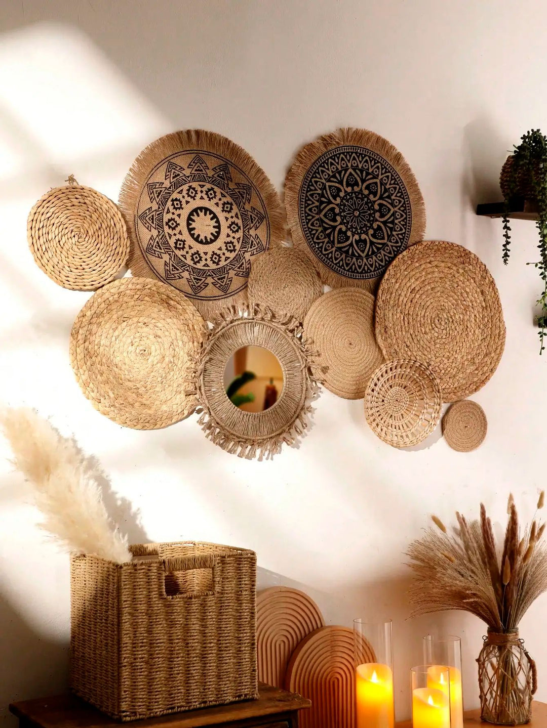 Woven Wall Basket Set Seagrass | 10 Piece Boho Wall Decor | Handwoven Natural Texture for Rustic Farmhouse Walls