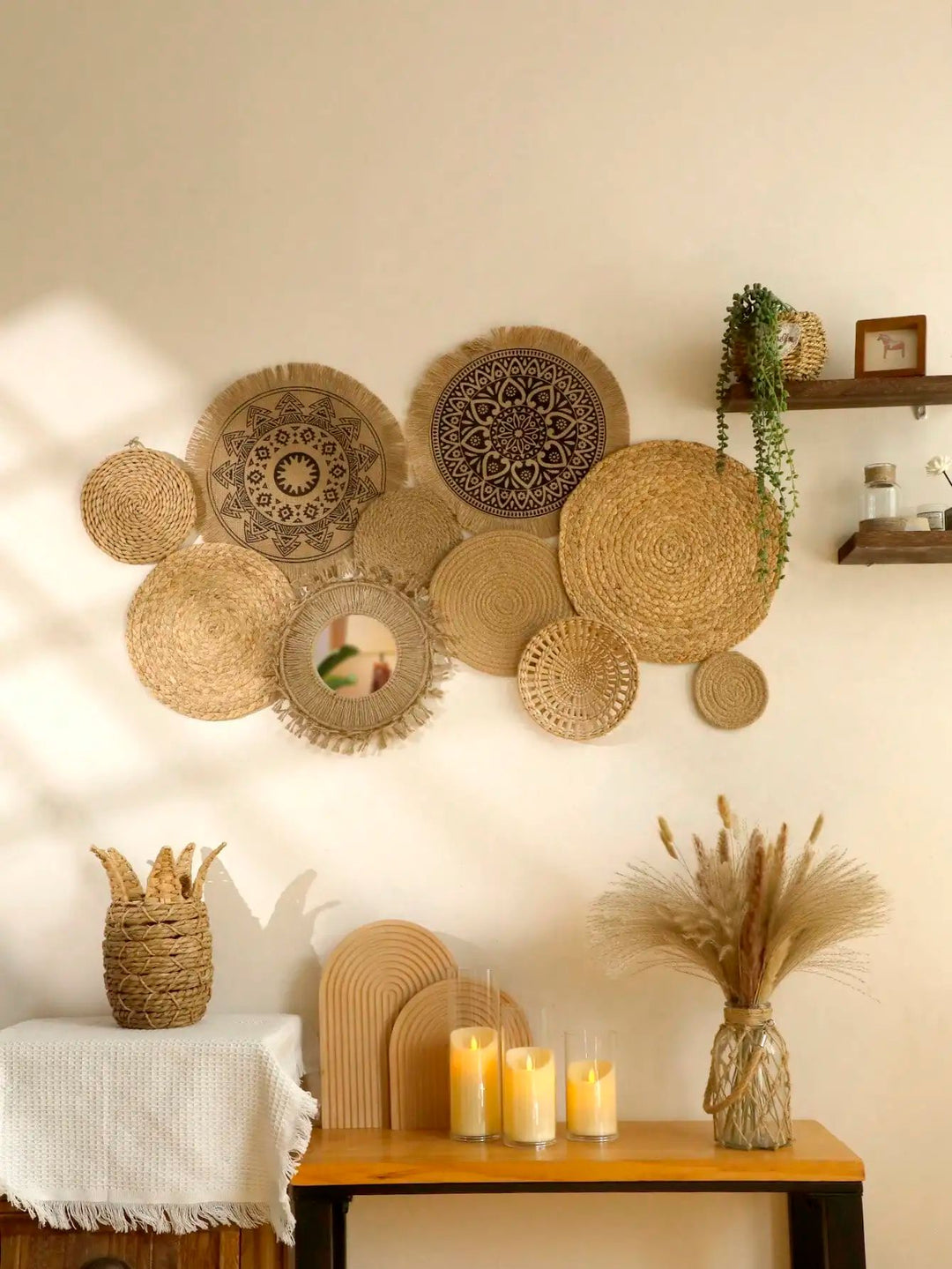 Woven Wall Basket Set Seagrass | 10 Piece Boho Wall Decor | Handwoven Natural Texture for Rustic Farmhouse Walls
