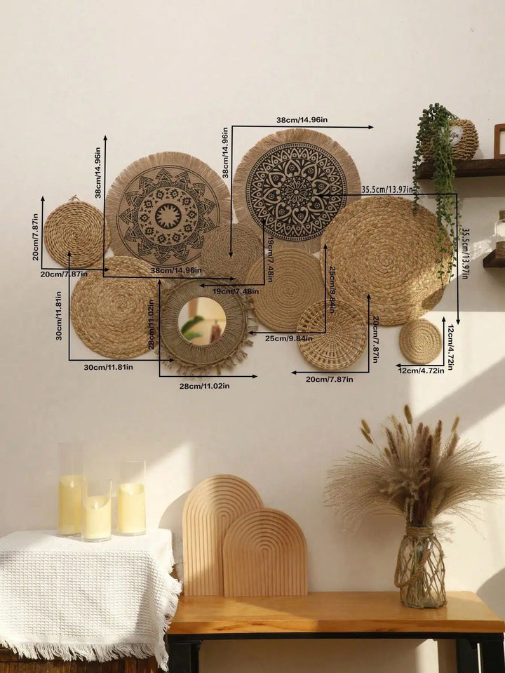 Woven Wall Basket Set Seagrass | 10 Piece Boho Wall Decor | Handwoven Natural Texture for Rustic Farmhouse Walls
