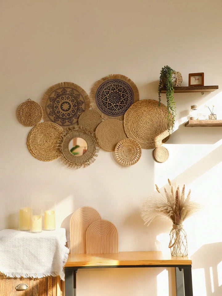 Woven Wall Basket Set Seagrass | 10 Piece Boho Wall Decor | Handwoven Natural Texture for Rustic Farmhouse Walls